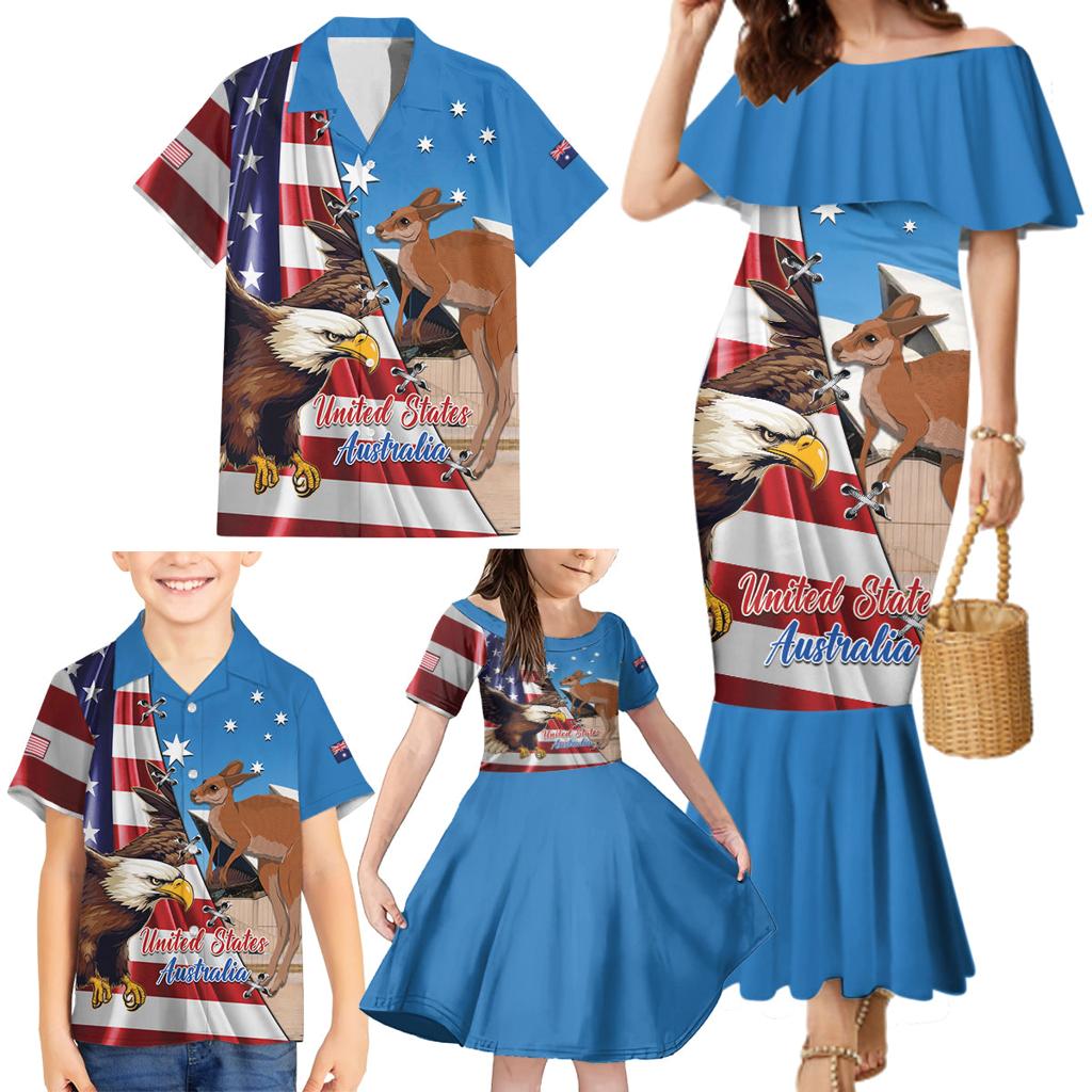 Personalised United States And Australia Family Matching Mermaid Dress and Hawaiian Shirt USA Eagle With Aussie Kangaroo