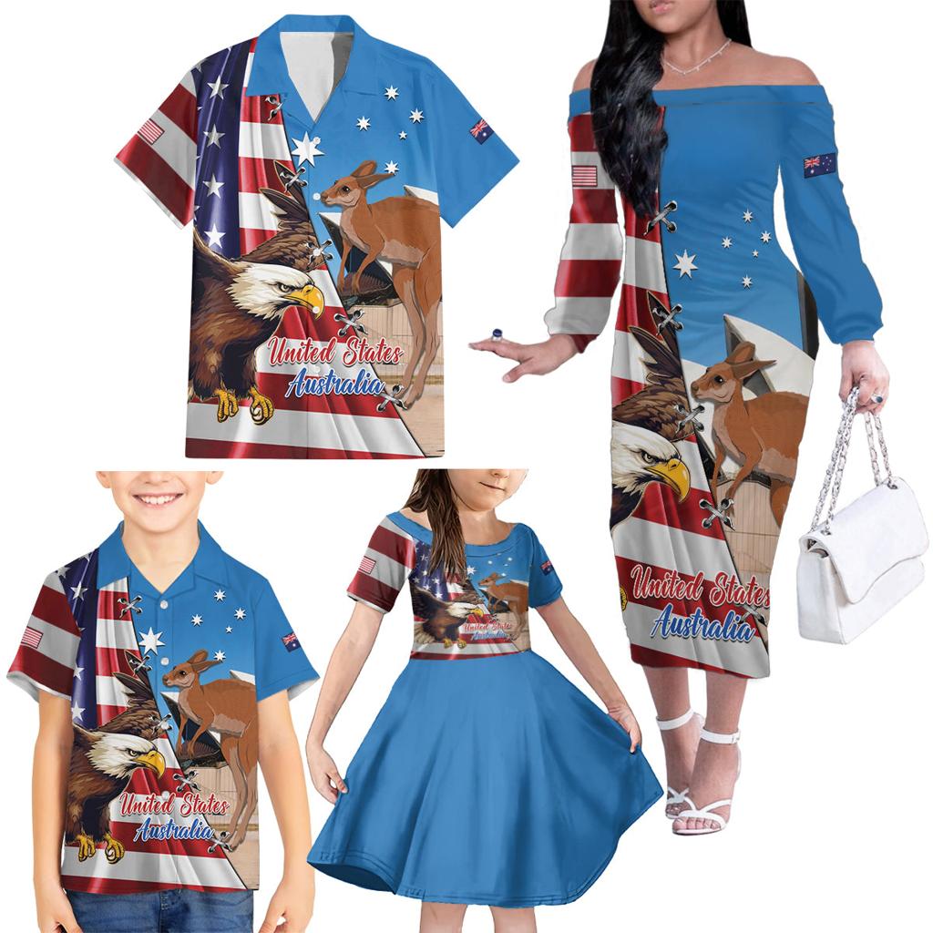 Personalised United States And Australia Family Matching Off The Shoulder Long Sleeve Dress and Hawaiian Shirt USA Eagle With Aussie Kangaroo