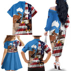Personalised United States And Australia Family Matching Off The Shoulder Long Sleeve Dress and Hawaiian Shirt USA Eagle With Aussie Kangaroo