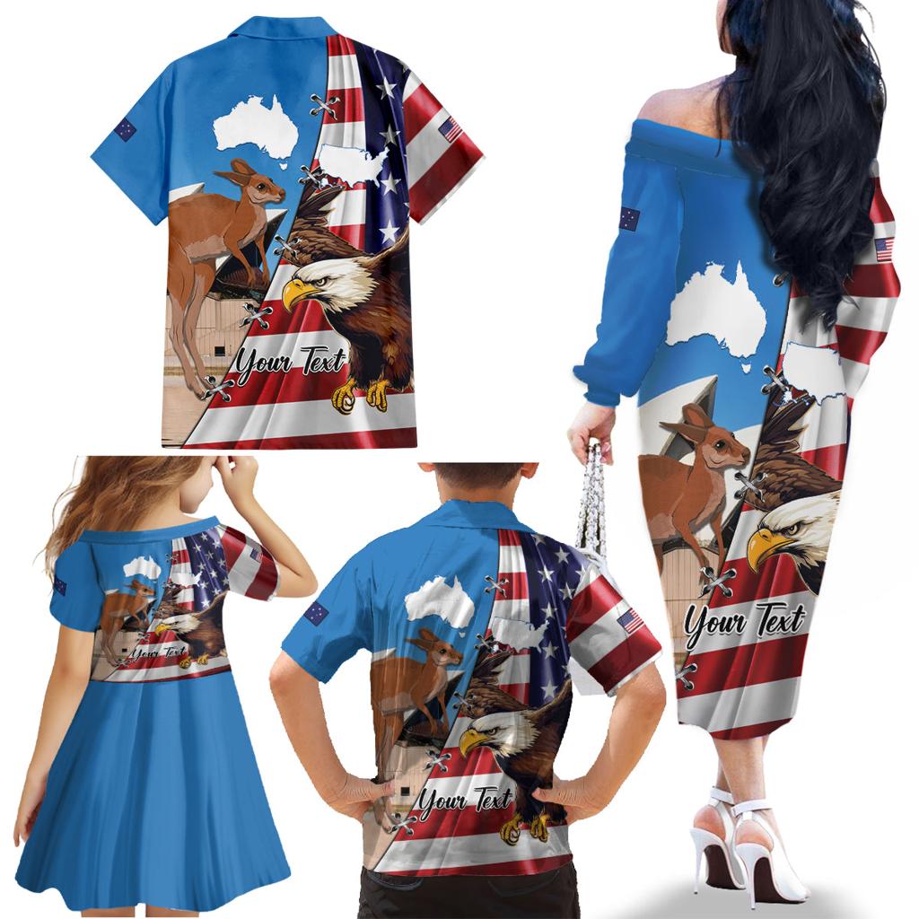 Personalised United States And Australia Family Matching Off The Shoulder Long Sleeve Dress and Hawaiian Shirt USA Eagle With Aussie Kangaroo