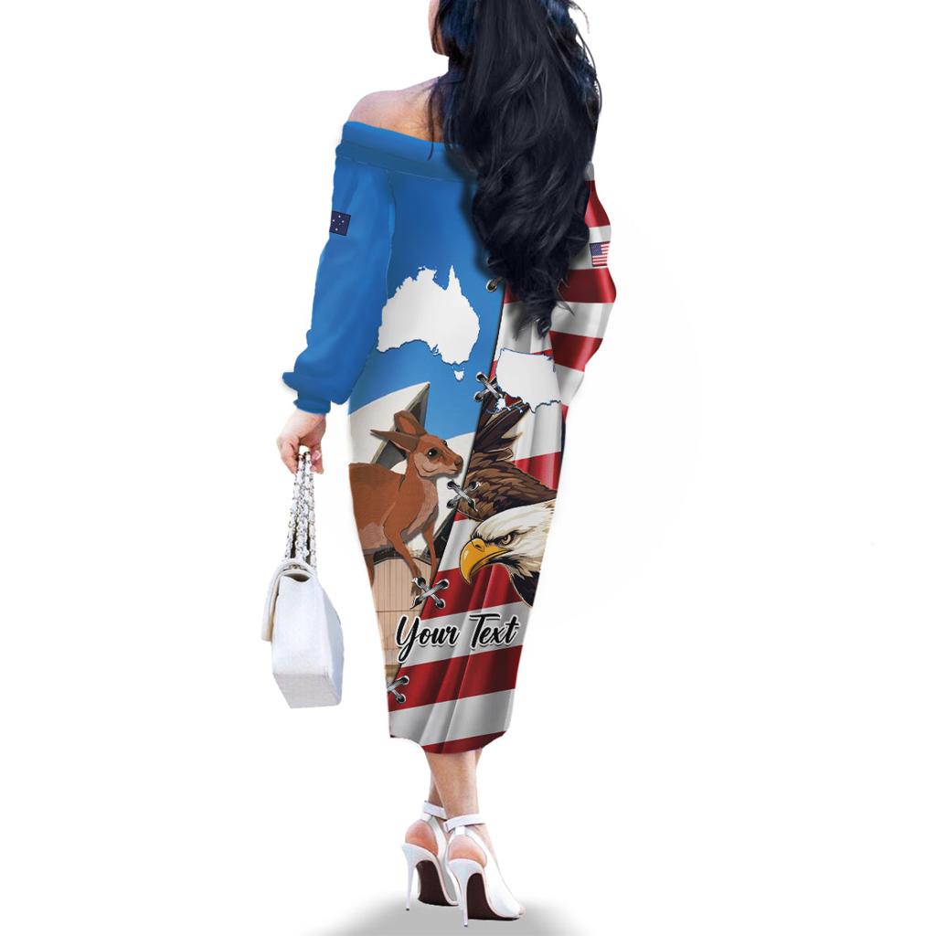 Personalised United States And Australia Family Matching Off The Shoulder Long Sleeve Dress and Hawaiian Shirt USA Eagle With Aussie Kangaroo