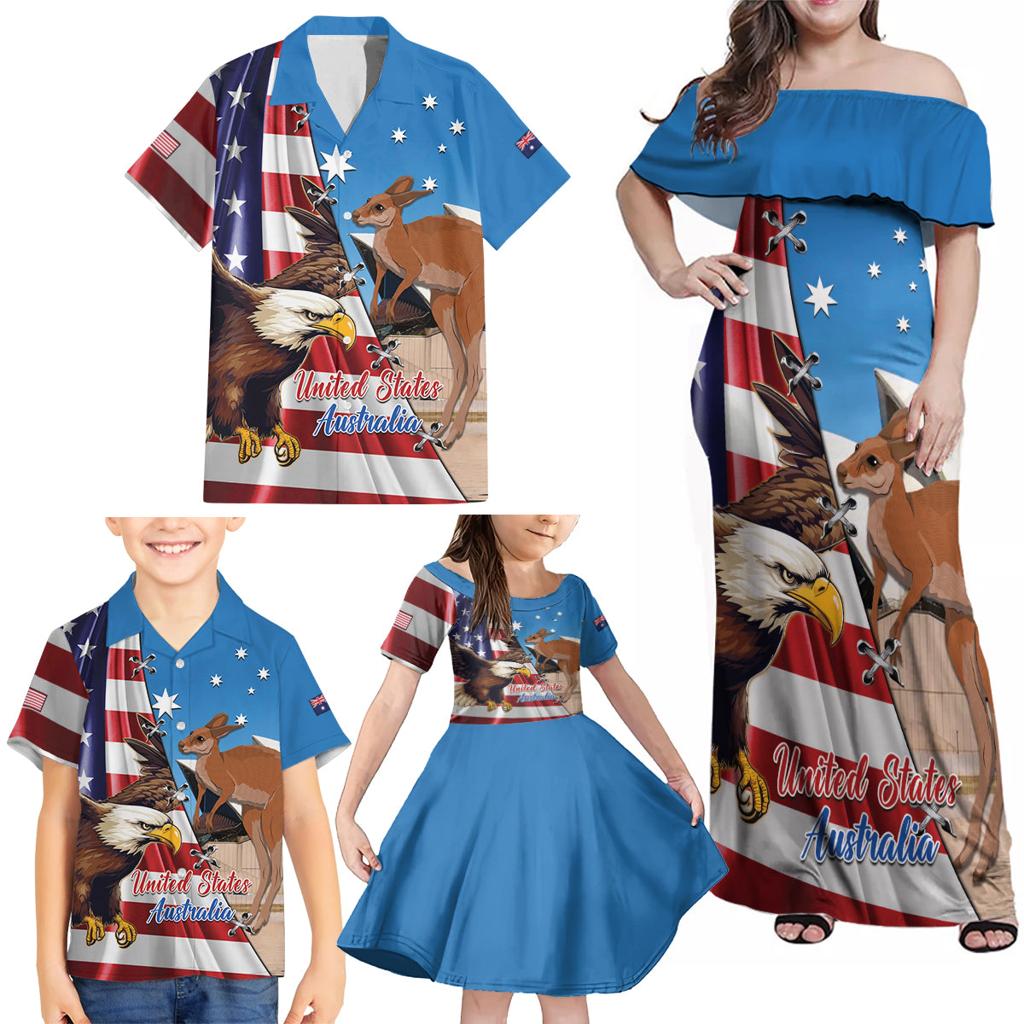 Personalised United States And Australia Family Matching Off Shoulder Maxi Dress and Hawaiian Shirt USA Eagle With Aussie Kangaroo