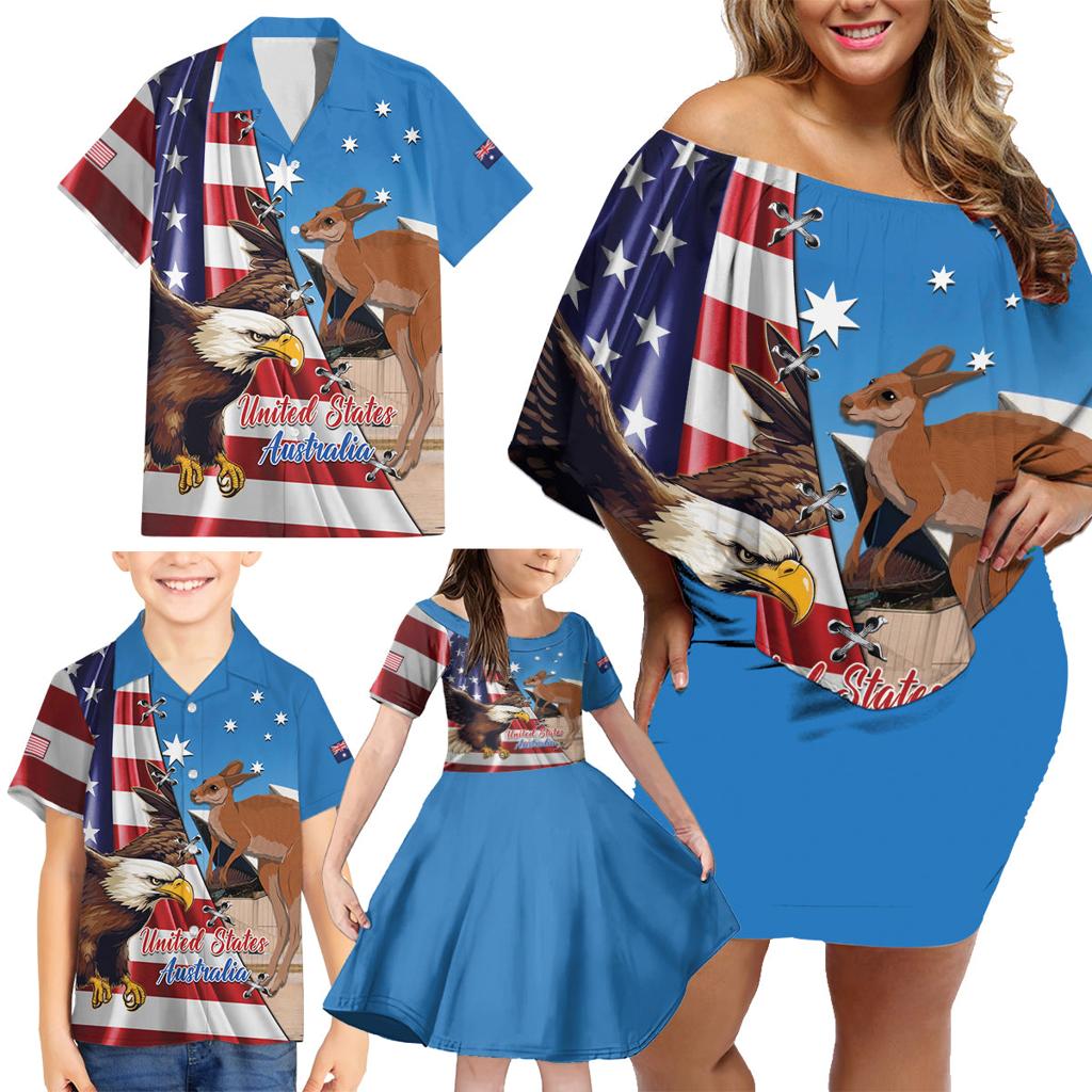 Personalised United States And Australia Family Matching Off Shoulder Short Dress and Hawaiian Shirt USA Eagle With Aussie Kangaroo