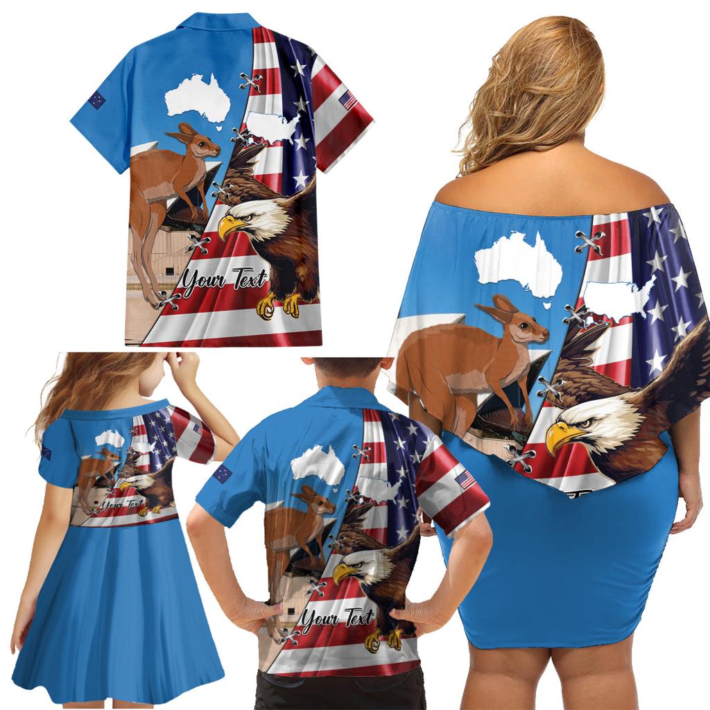 Personalised United States And Australia Family Matching Off Shoulder Short Dress and Hawaiian Shirt USA Eagle With Aussie Kangaroo