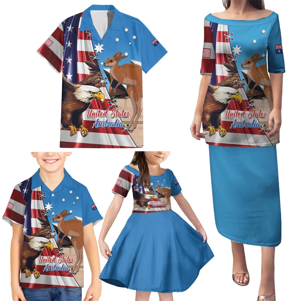 Personalised United States And Australia Family Matching Puletasi and Hawaiian Shirt USA Eagle With Aussie Kangaroo