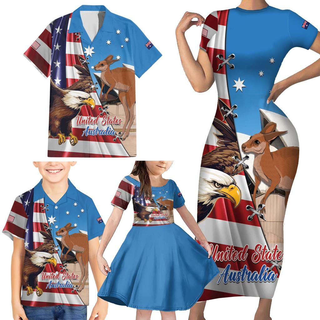 Personalised United States And Australia Family Matching Short Sleeve Bodycon Dress and Hawaiian Shirt USA Eagle With Aussie Kangaroo