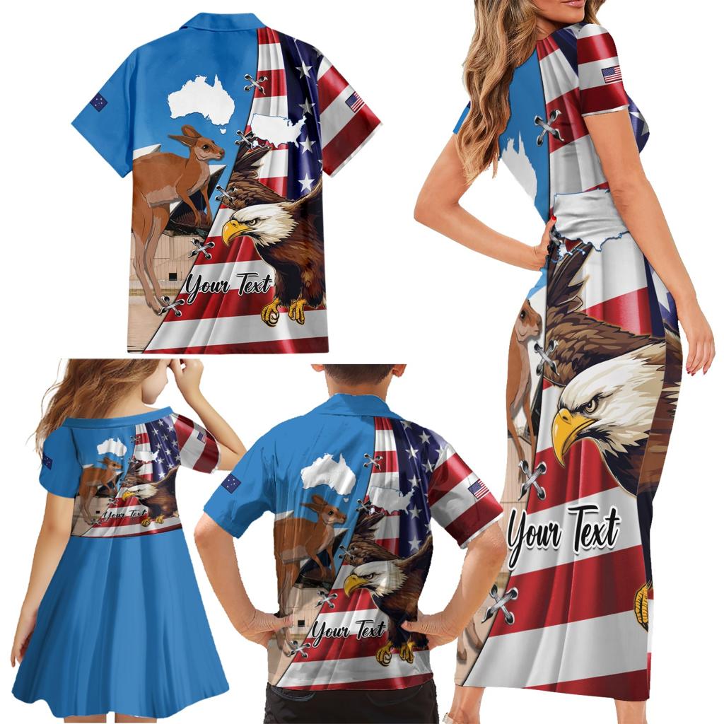 Personalised United States And Australia Family Matching Short Sleeve Bodycon Dress and Hawaiian Shirt USA Eagle With Aussie Kangaroo