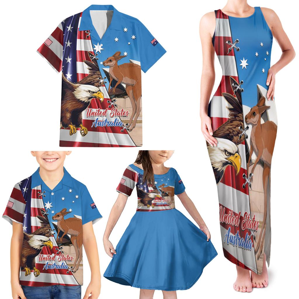 Personalised United States And Australia Family Matching Tank Maxi Dress and Hawaiian Shirt USA Eagle With Aussie Kangaroo