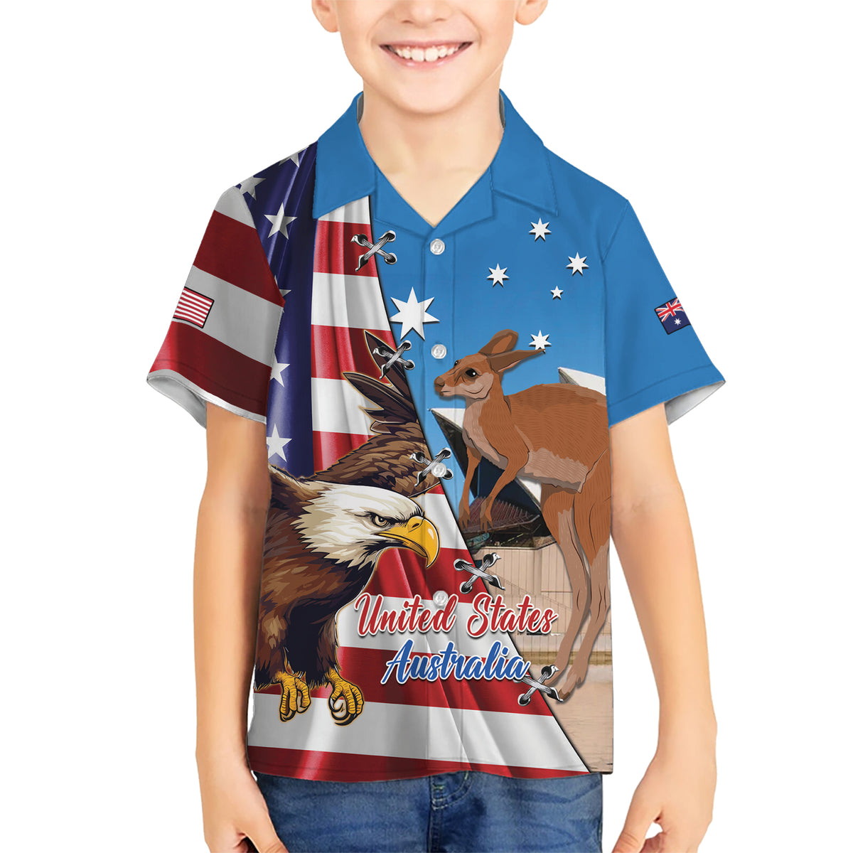 Personalised United States And Australia Kid Hawaiian Shirt USA Eagle With Aussie Kangaroo