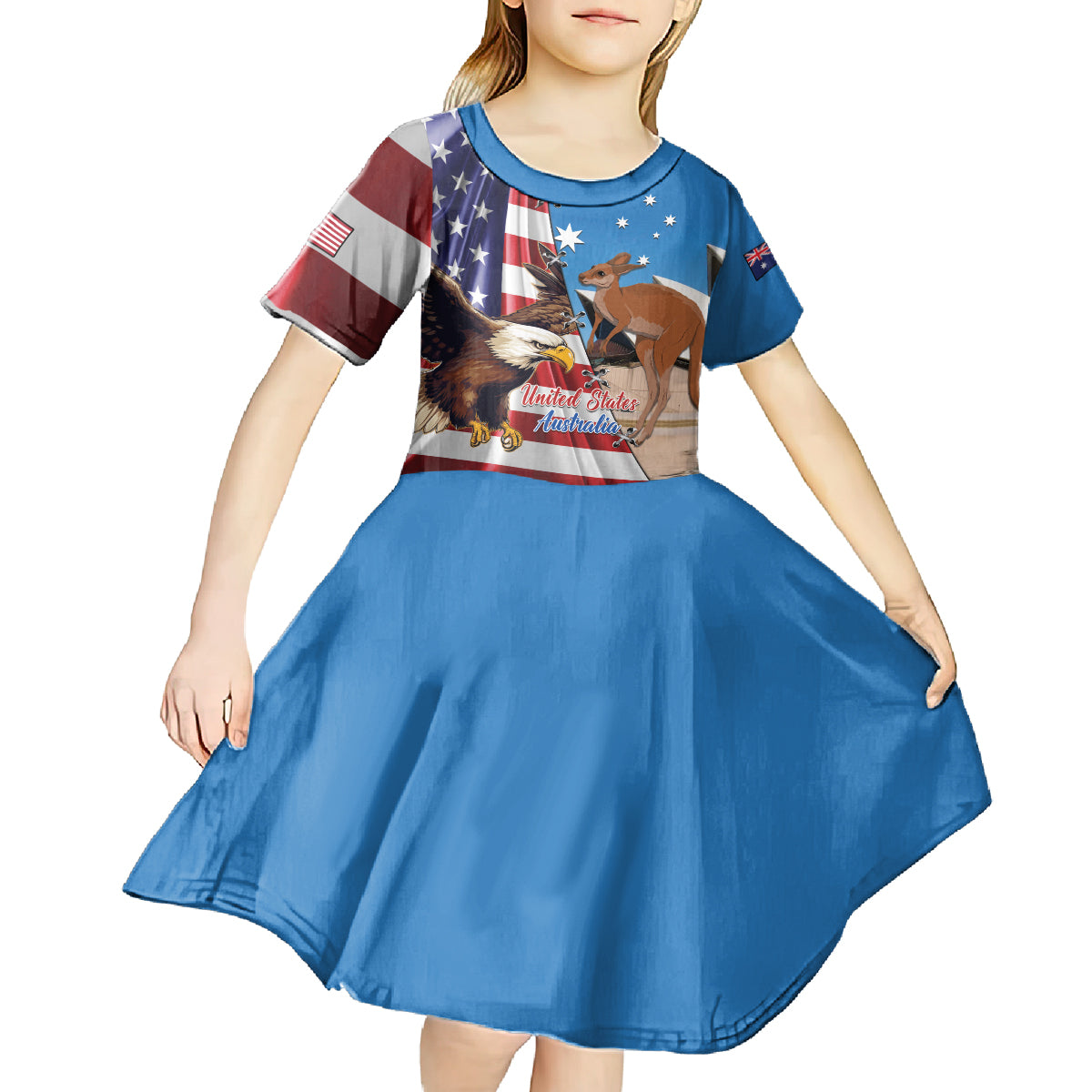 Personalised United States And Australia Kid Short Sleeve Dress USA Eagle With Aussie Kangaroo