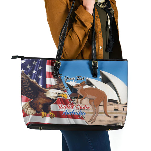 Personalised United States And Australia Leather Tote Bag USA Eagle With Aussie Kangaroo