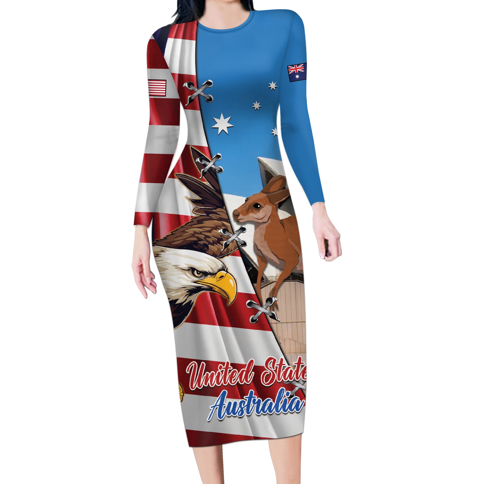 Personalised United States And Australia Long Sleeve Bodycon Dress USA Eagle With Aussie Kangaroo