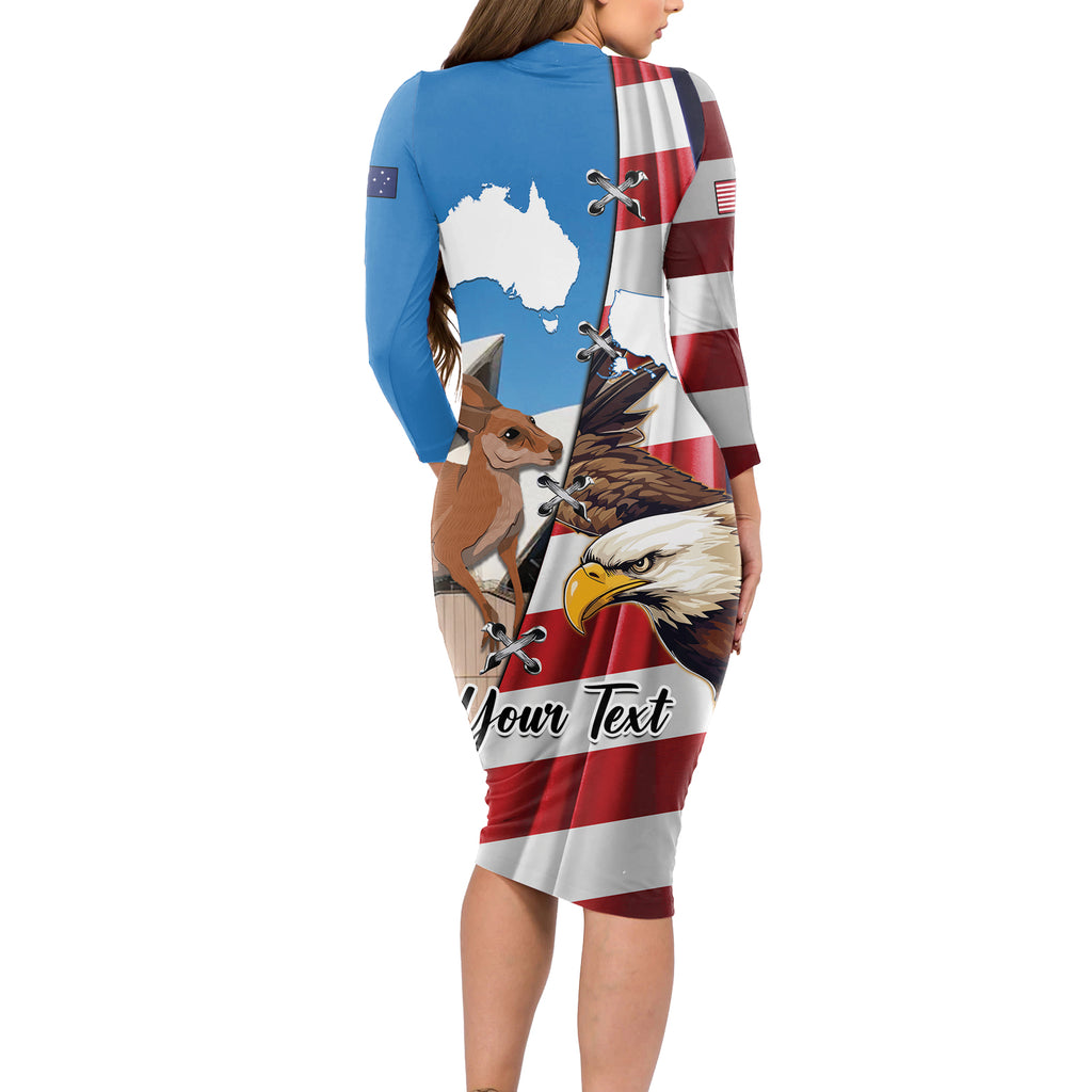 Personalised United States And Australia Long Sleeve Bodycon Dress USA Eagle With Aussie Kangaroo