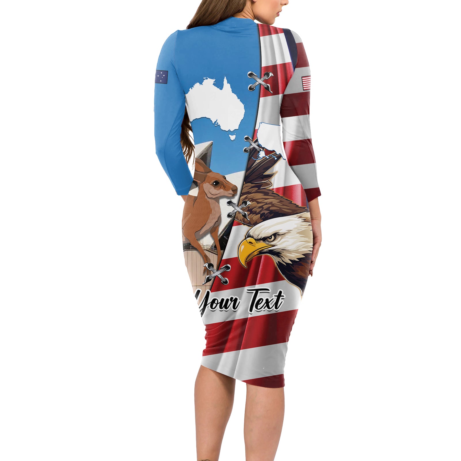 Personalised United States And Australia Long Sleeve Bodycon Dress USA Eagle With Aussie Kangaroo