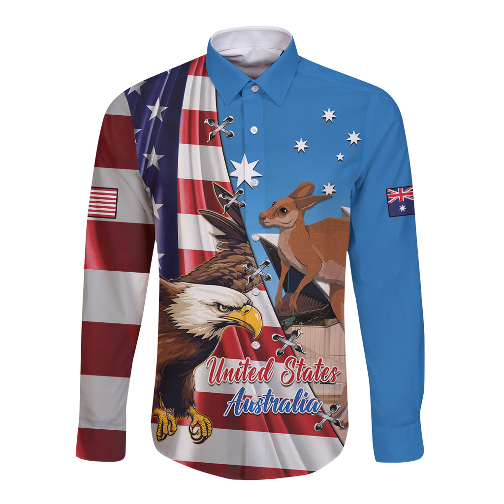 Personalised United States And Australia Long Sleeve Button Shirt USA Eagle With Aussie Kangaroo
