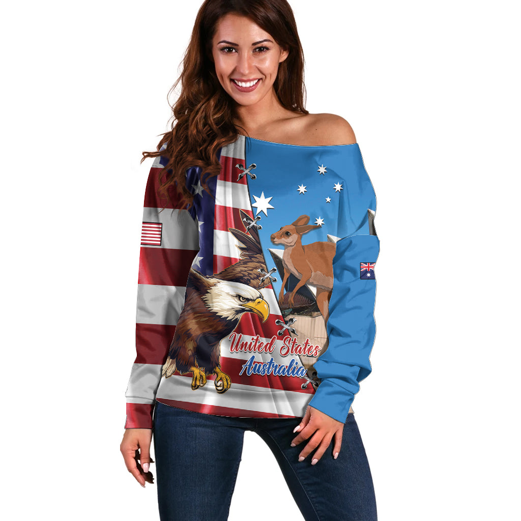 Personalised United States And Australia Off Shoulder Sweater USA Eagle With Aussie Kangaroo