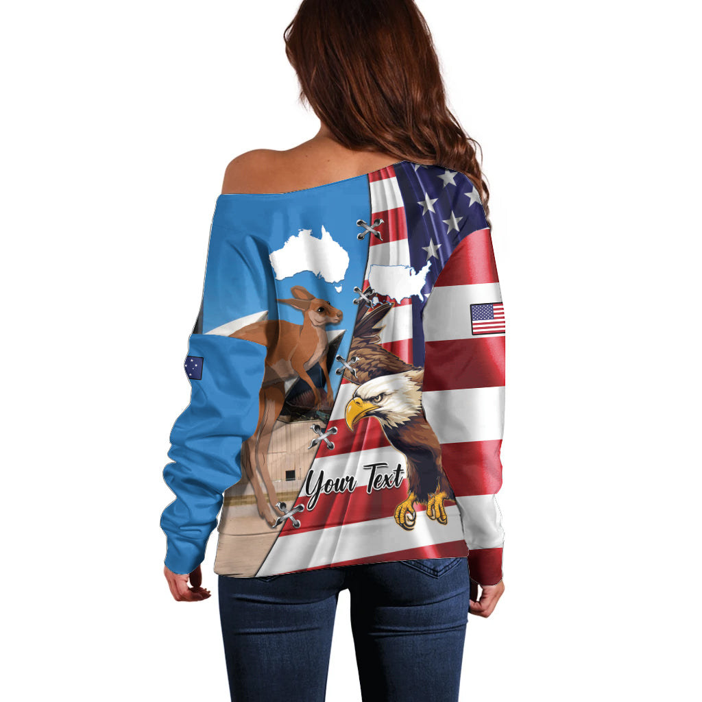 Personalised United States And Australia Off Shoulder Sweater USA Eagle With Aussie Kangaroo