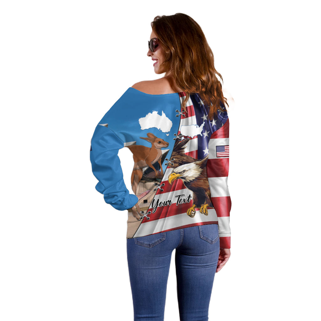 Personalised United States And Australia Off Shoulder Sweater USA Eagle With Aussie Kangaroo