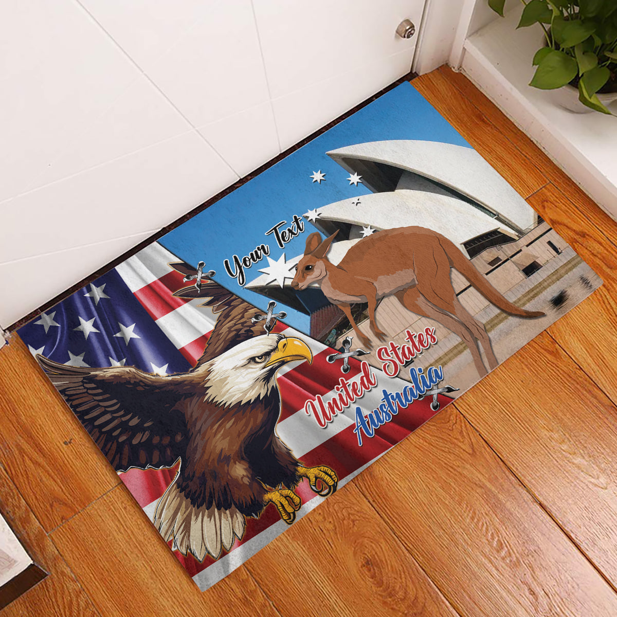 Personalised United States And Australia Rubber Doormat USA Eagle With Aussie Kangaroo