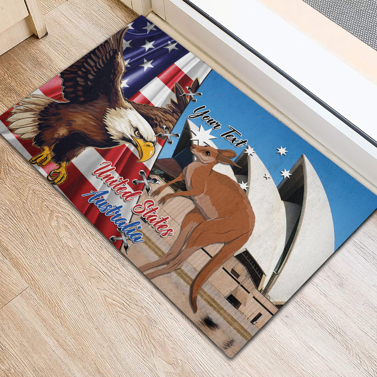 Personalised United States And Australia Rubber Doormat USA Eagle With Aussie Kangaroo