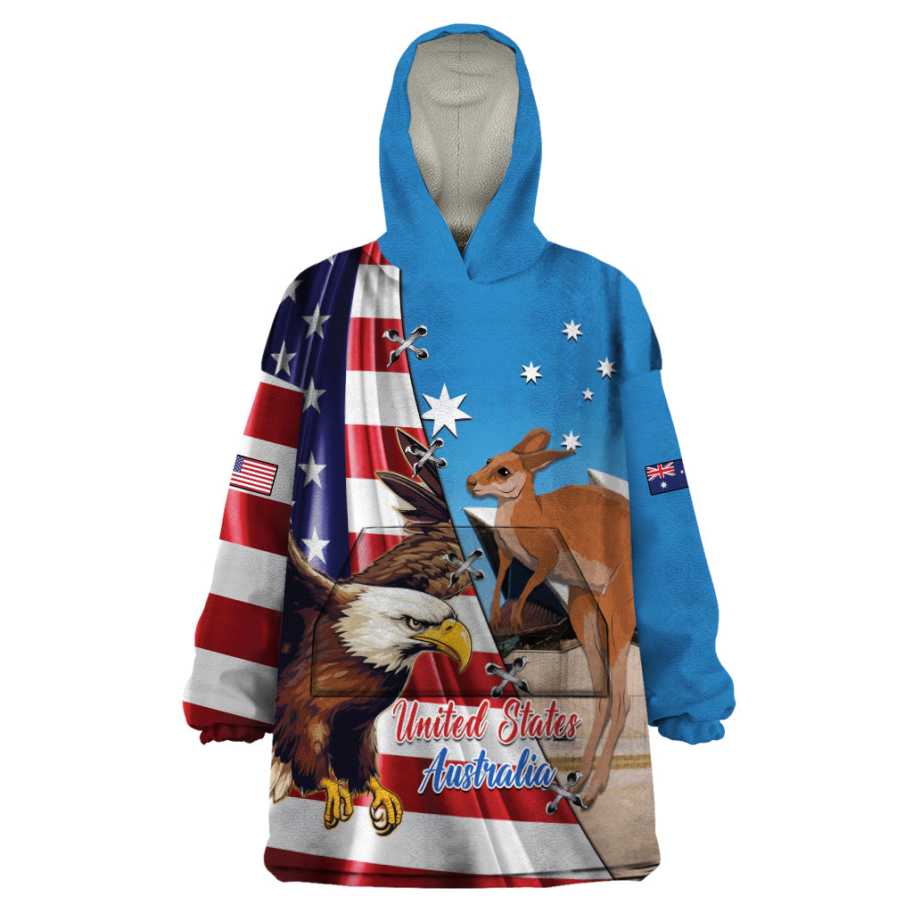 Personalised United States And Australia Wearable Blanket Hoodie USA Eagle With Aussie Kangaroo