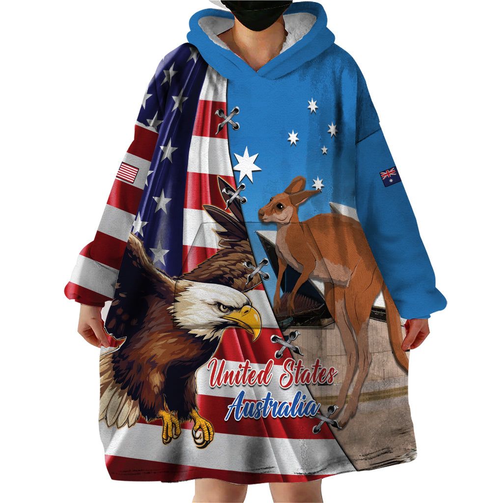 Personalised United States And Australia Wearable Blanket Hoodie USA Eagle With Aussie Kangaroo