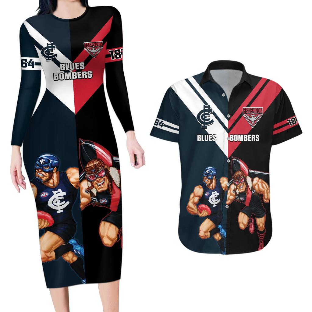 Custom Blues And Bombers Football Couples Matching Long Sleeve Bodycon Dress and Hawaiian Shirt 2024 Together Sporty