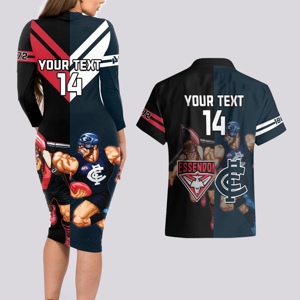 Custom Blues And Bombers Football Couples Matching Long Sleeve Bodycon Dress and Hawaiian Shirt 2024 Together Sporty