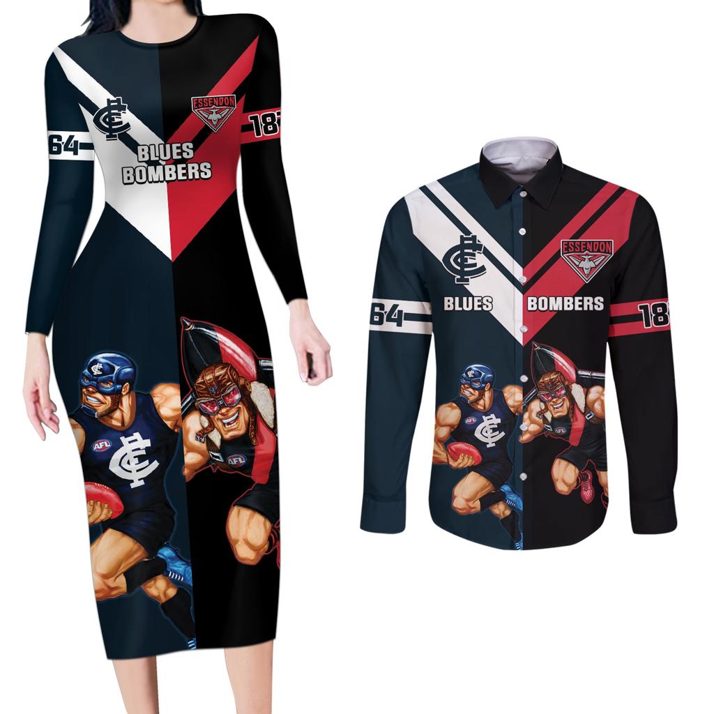 Custom Blues And Bombers Football Couples Matching Long Sleeve Bodycon Dress and Long Sleeve Button Shirt 2024 Together Sporty