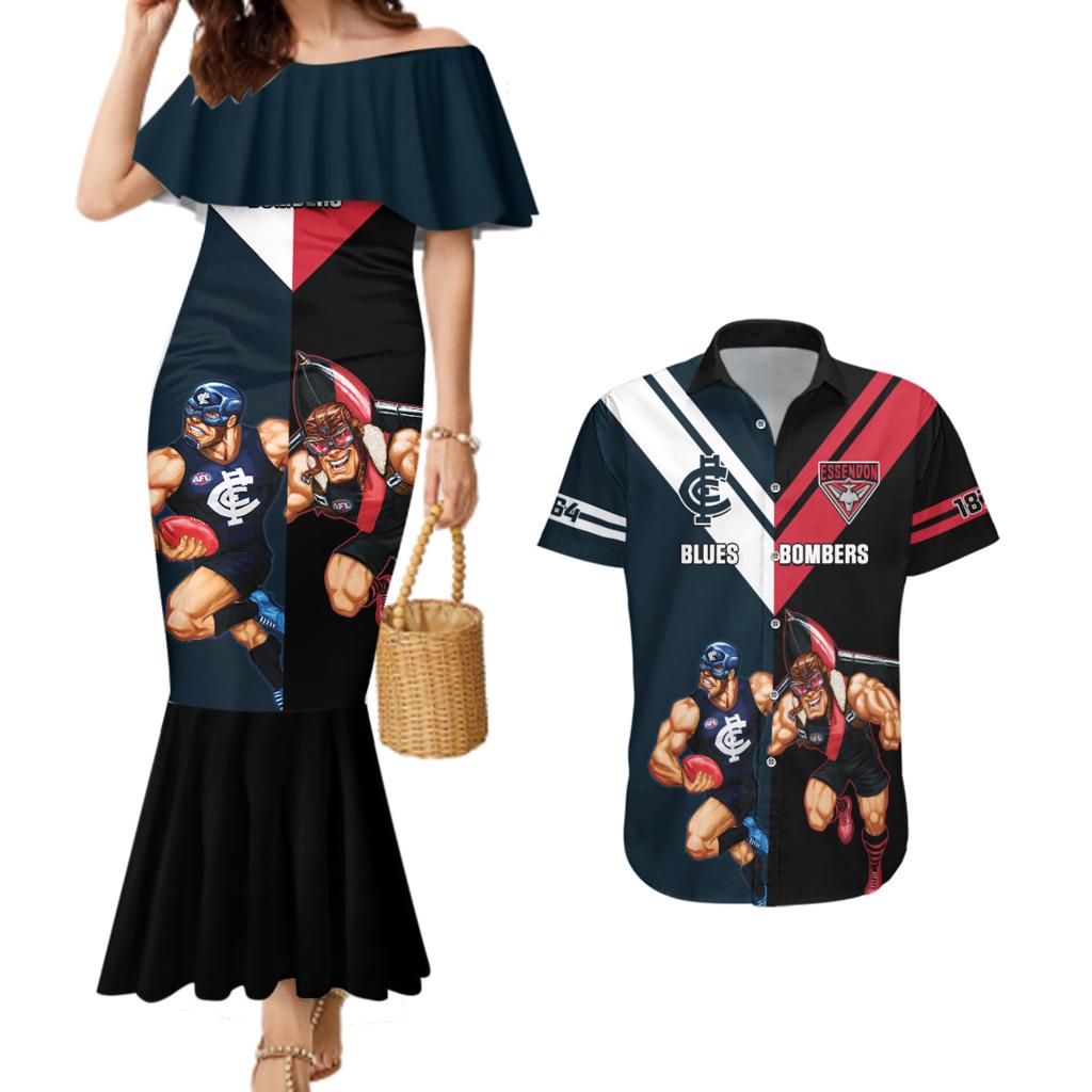 Custom Blues And Bombers Football Couples Matching Mermaid Dress and Hawaiian Shirt 2024 Together Sporty
