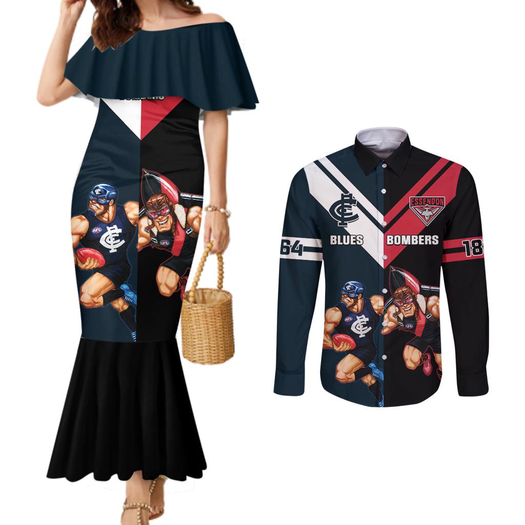 Custom Blues And Bombers Football Couples Matching Mermaid Dress and Long Sleeve Button Shirt 2024 Together Sporty
