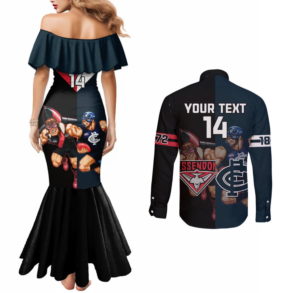 Custom Blues And Bombers Football Couples Matching Mermaid Dress and Long Sleeve Button Shirt 2024 Together Sporty