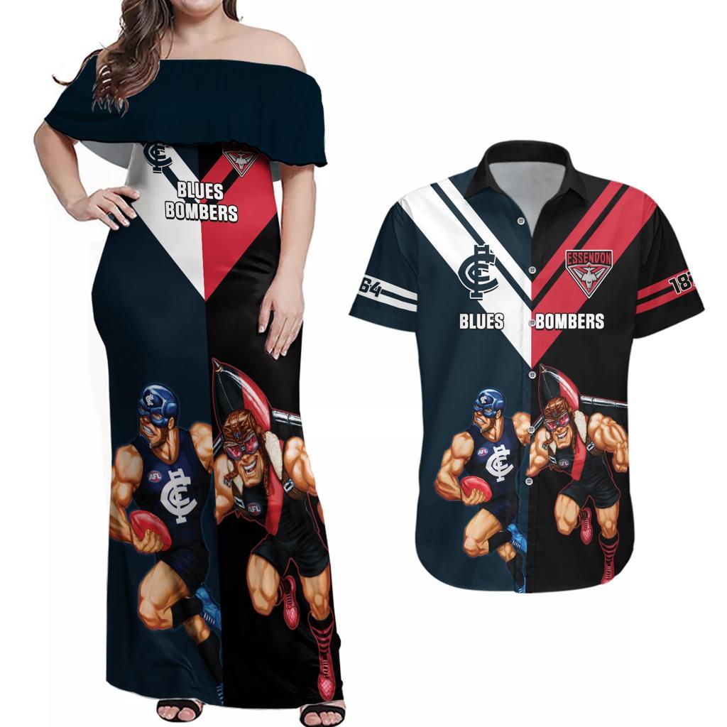 Custom Blues And Bombers Football Couples Matching Off Shoulder Maxi Dress and Hawaiian Shirt 2024 Together Sporty