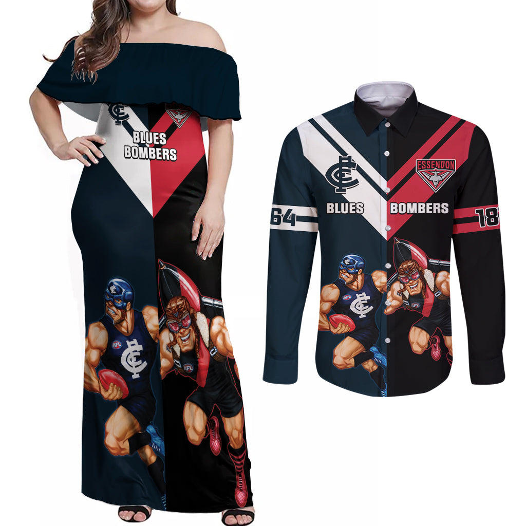 Custom Blues And Bombers Football Couples Matching Off Shoulder Maxi Dress and Long Sleeve Button Shirt 2024 Together Sporty