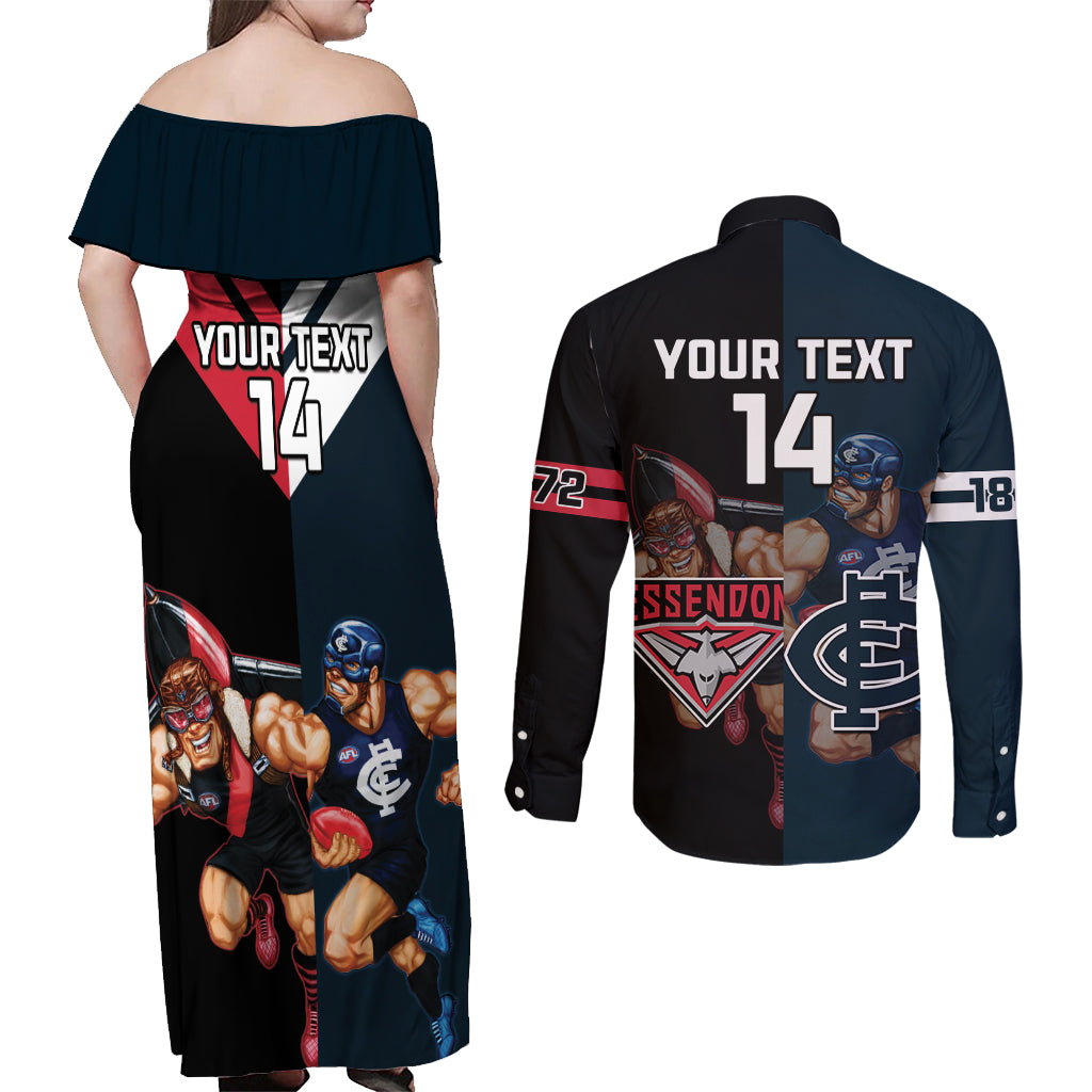 Custom Blues And Bombers Football Couples Matching Off Shoulder Maxi Dress and Long Sleeve Button Shirt 2024 Together Sporty