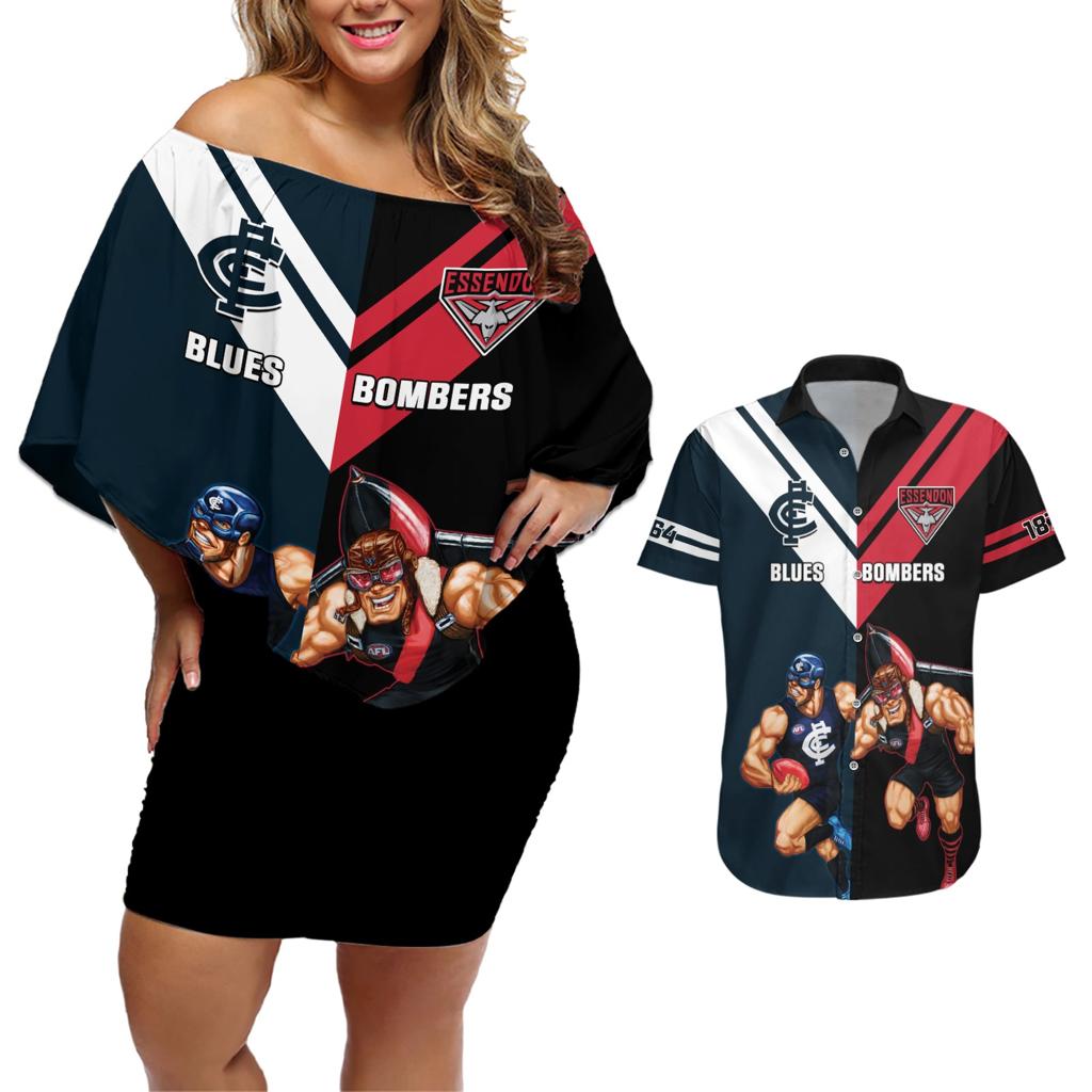 Custom Blues And Bombers Football Couples Matching Off Shoulder Short Dress and Hawaiian Shirt 2024 Together Sporty