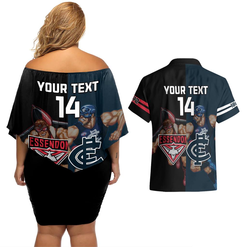 Custom Blues And Bombers Football Couples Matching Off Shoulder Short Dress and Hawaiian Shirt 2024 Together Sporty