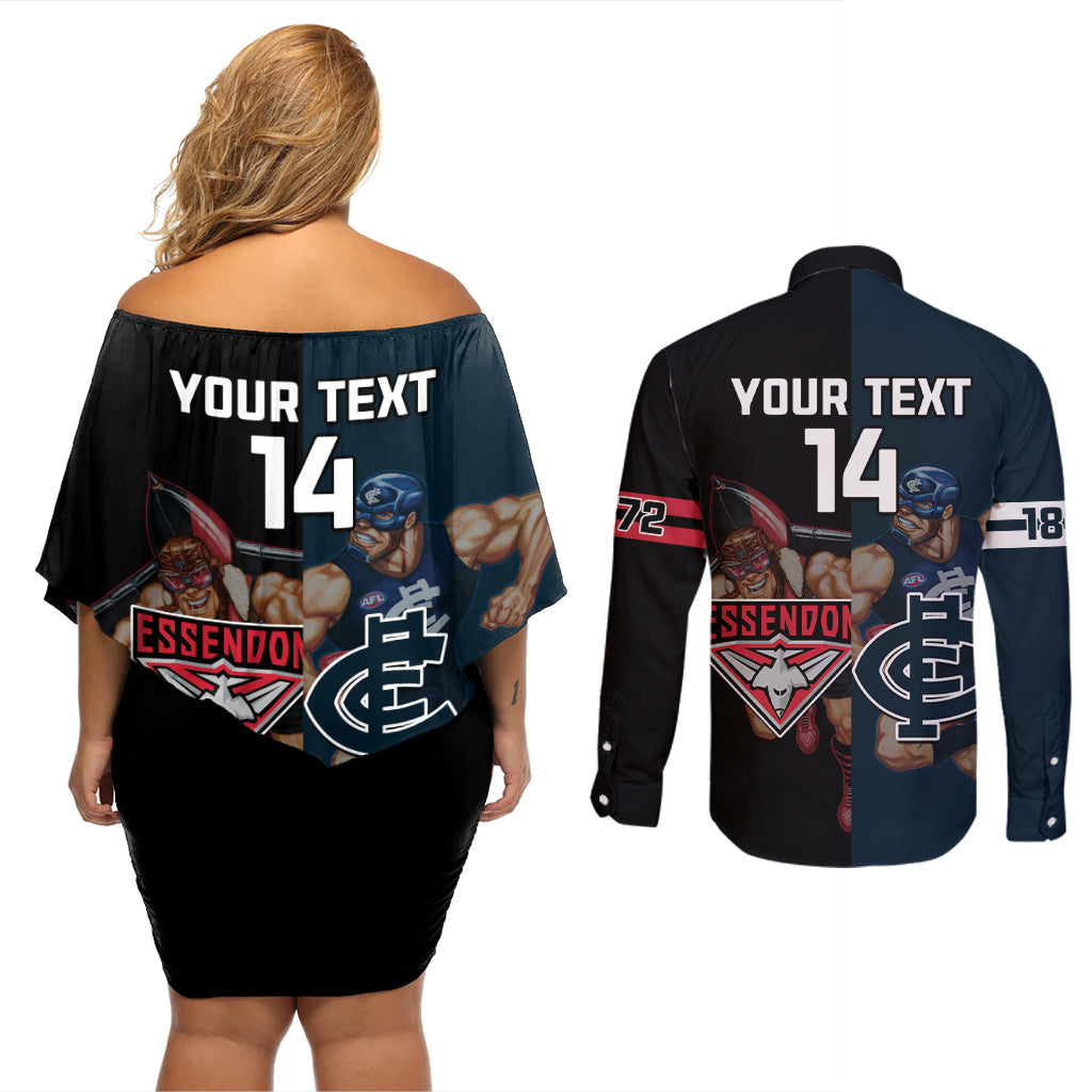 Custom Blues And Bombers Football Couples Matching Off Shoulder Short Dress and Long Sleeve Button Shirt 2024 Together Sporty