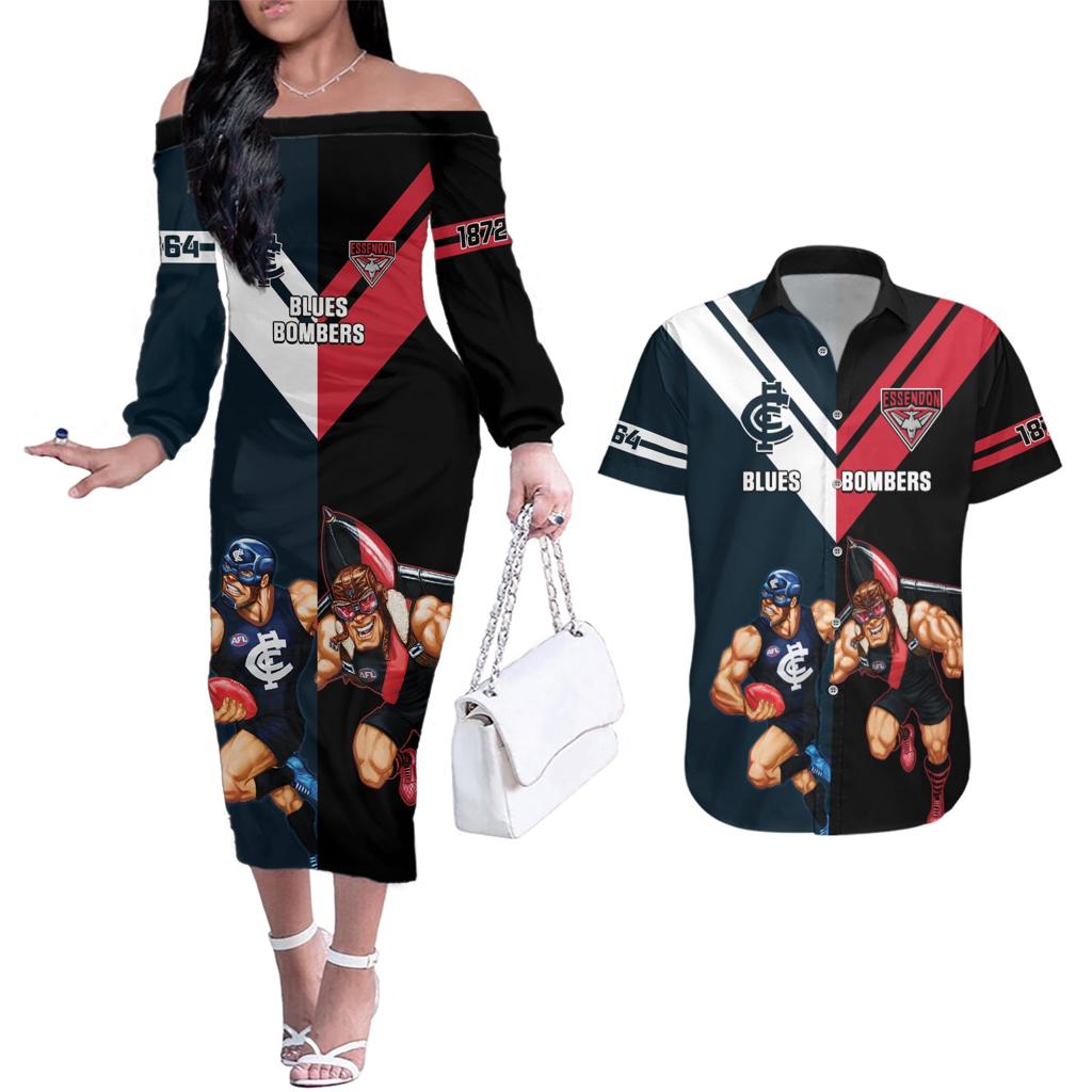 Custom Blues And Bombers Football Couples Matching Off The Shoulder Long Sleeve Dress and Hawaiian Shirt 2024 Together Sporty