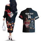 Custom Blues And Bombers Football Couples Matching Off The Shoulder Long Sleeve Dress and Hawaiian Shirt 2024 Together Sporty