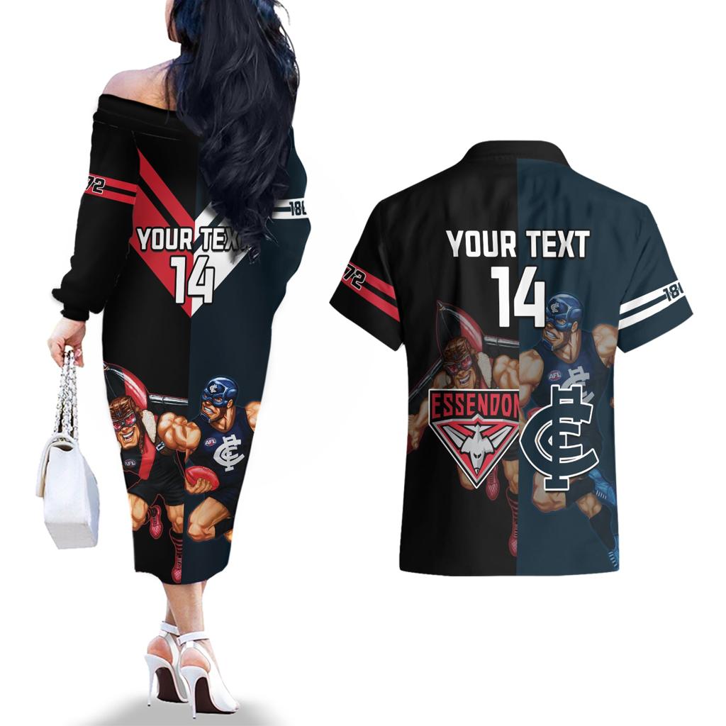 Custom Blues And Bombers Football Couples Matching Off The Shoulder Long Sleeve Dress and Hawaiian Shirt 2024 Together Sporty