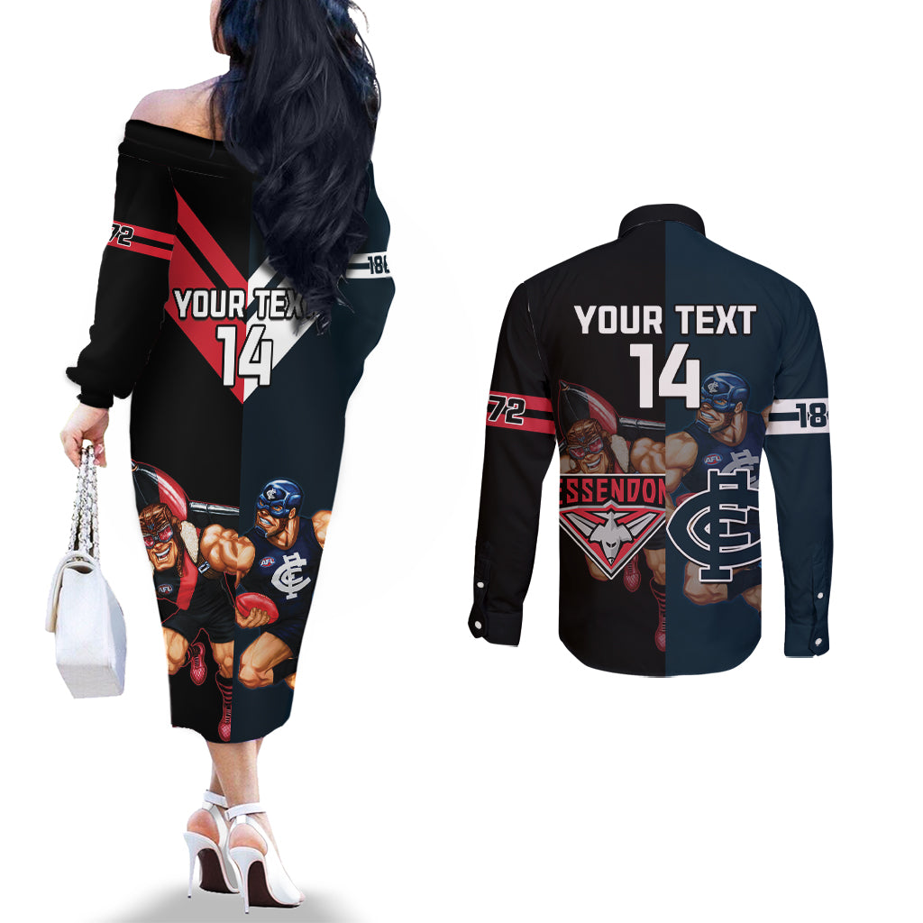 Custom Blues And Bombers Football Couples Matching Off The Shoulder Long Sleeve Dress and Long Sleeve Button Shirt 2024 Together Sporty