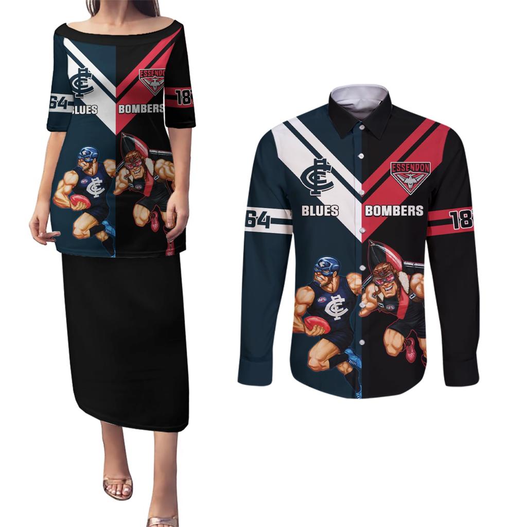Custom Blues And Bombers Football Couples Matching Puletasi and Long Sleeve Button Shirt 2024 Together Sporty