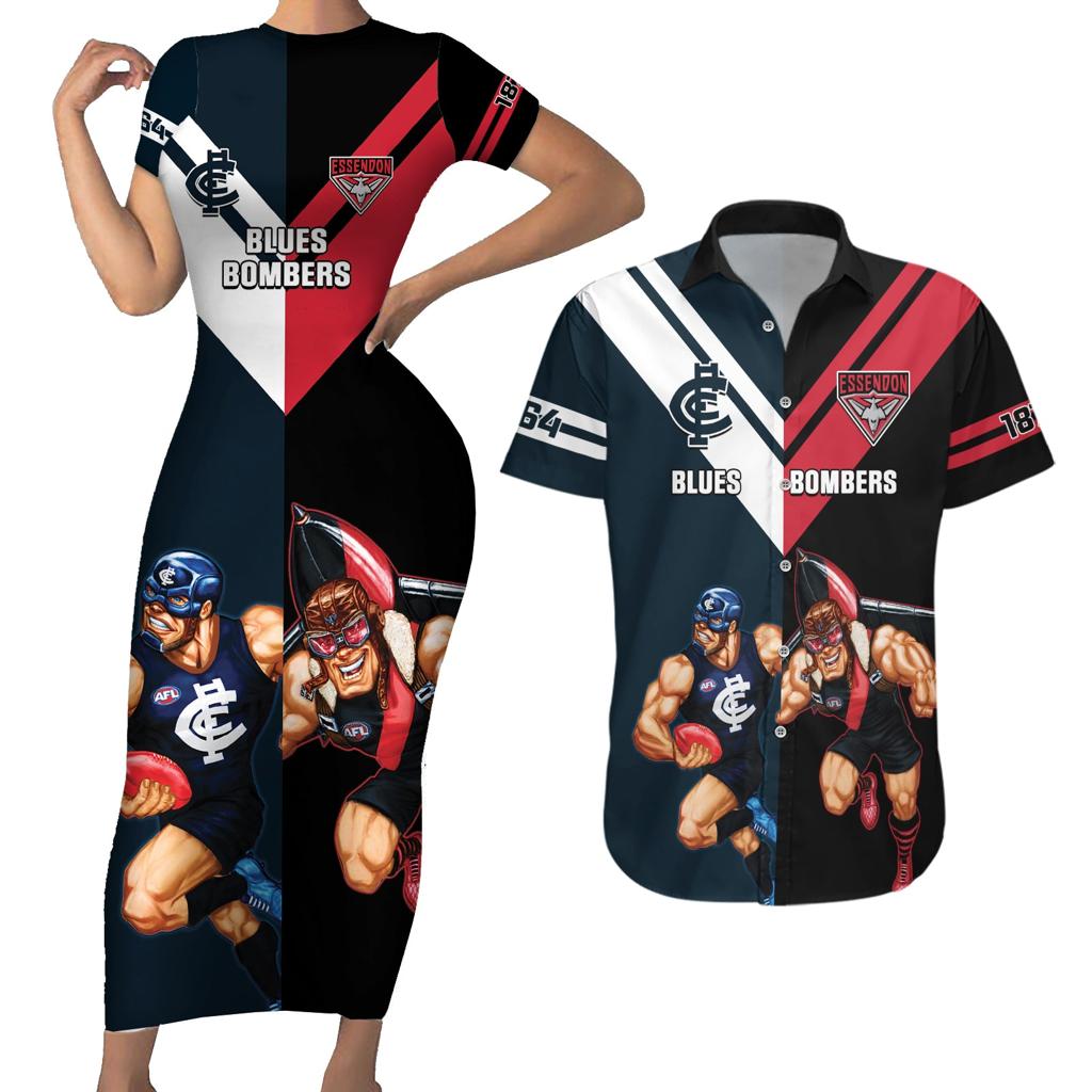 Custom Blues And Bombers Football Couples Matching Short Sleeve Bodycon Dress and Hawaiian Shirt 2024 Together Sporty
