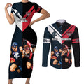Custom Blues And Bombers Football Couples Matching Short Sleeve Bodycon Dress and Long Sleeve Button Shirt 2024 Together Sporty