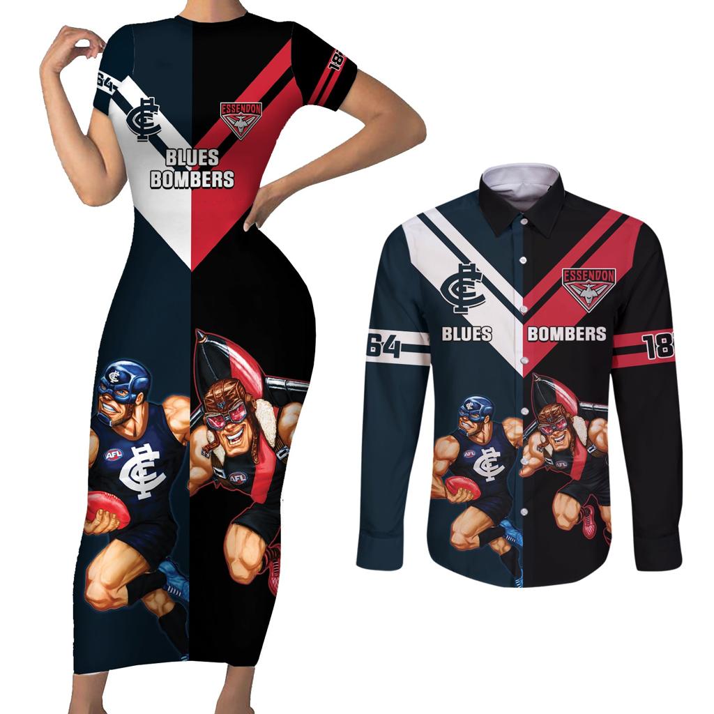 Custom Blues And Bombers Football Couples Matching Short Sleeve Bodycon Dress and Long Sleeve Button Shirt 2024 Together Sporty