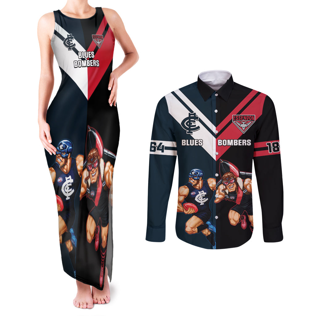 Custom Blues And Bombers Football Couples Matching Tank Maxi Dress and Long Sleeve Button Shirt 2024 Together Sporty
