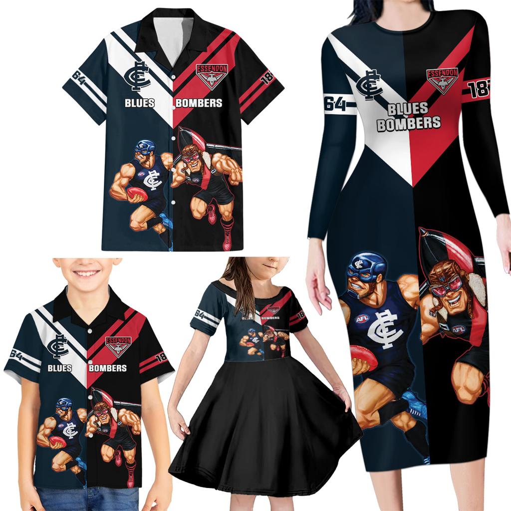 Custom Blues And Bombers Football Family Matching Long Sleeve Bodycon Dress and Hawaiian Shirt 2024 Together Sporty