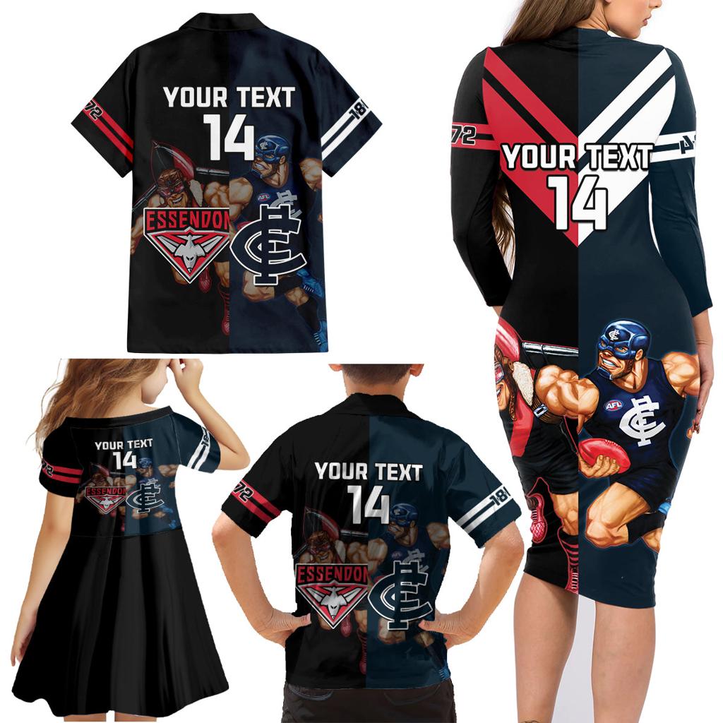 Custom Blues And Bombers Football Family Matching Long Sleeve Bodycon Dress and Hawaiian Shirt 2024 Together Sporty