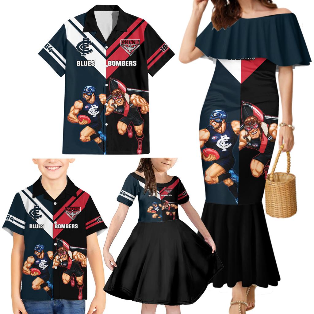 Custom Blues And Bombers Football Family Matching Mermaid Dress and Hawaiian Shirt 2024 Together Sporty